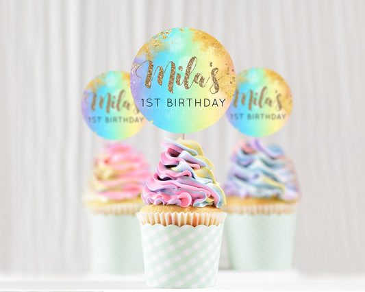 Editable Rainbow Cupcake Toppers Pastel Cupcake Toppers Colorful Pastel Wate
