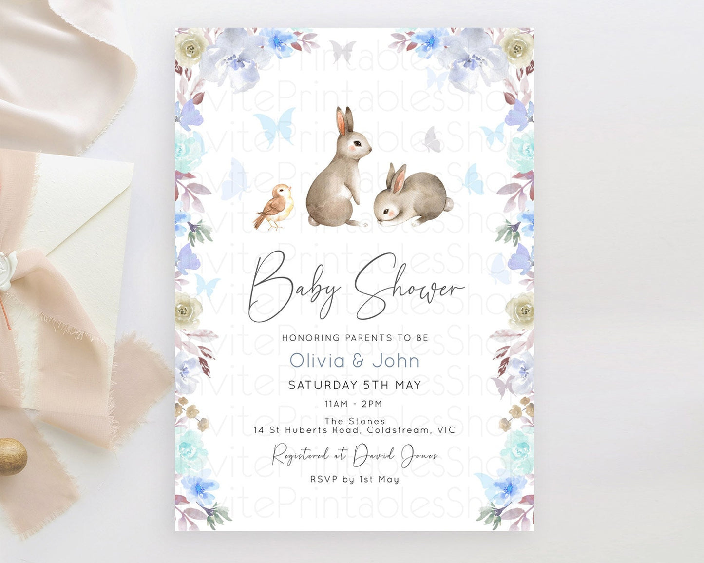 Bunny Baby Shower Invitation: Enchanted Forest, Secret Garden, Pastel Blue Floral, White, Grey, Rabbit, Butterfly, Woodland Theme D10927