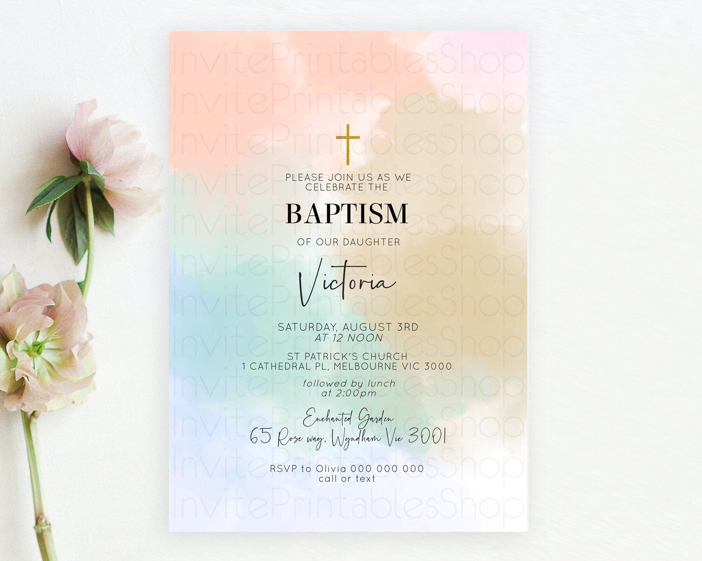 Pastel Baptism Invitation Pastel Colors Watercolor Baptism 1st Birthday Party Gold Ombre Pastel Rainbow Christening Holy Communion D10370