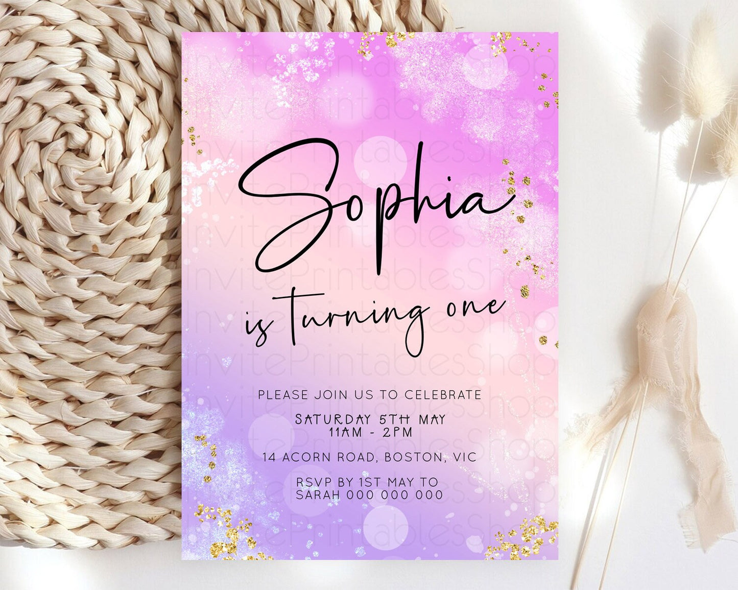 Pastel Birthday Invitation Ombre Watercolor Birthday Invitation Glitter Rainbow Color Splash 1st 2nd 3rd Birthday Invitation D23110