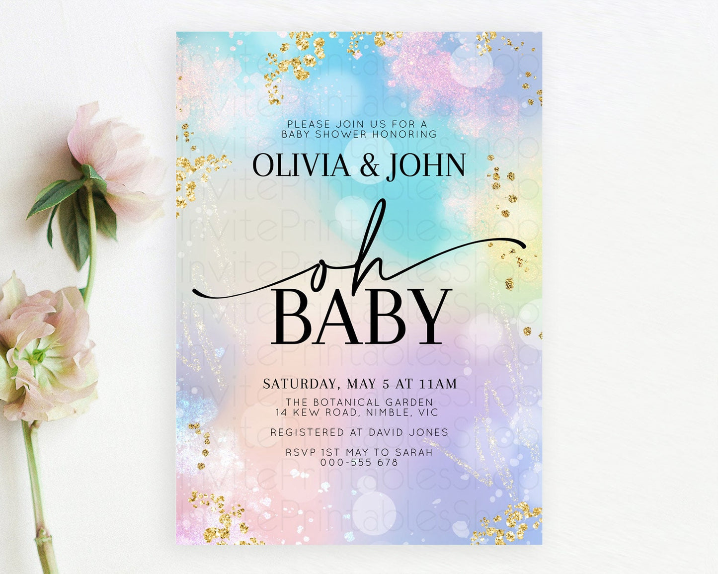 Pastel Baby Shower Invitation Rainbow Baby Shower Invitation Colorful Pastel Watercolor Invitation Gold Glitter Sprinkles Ombre D10675