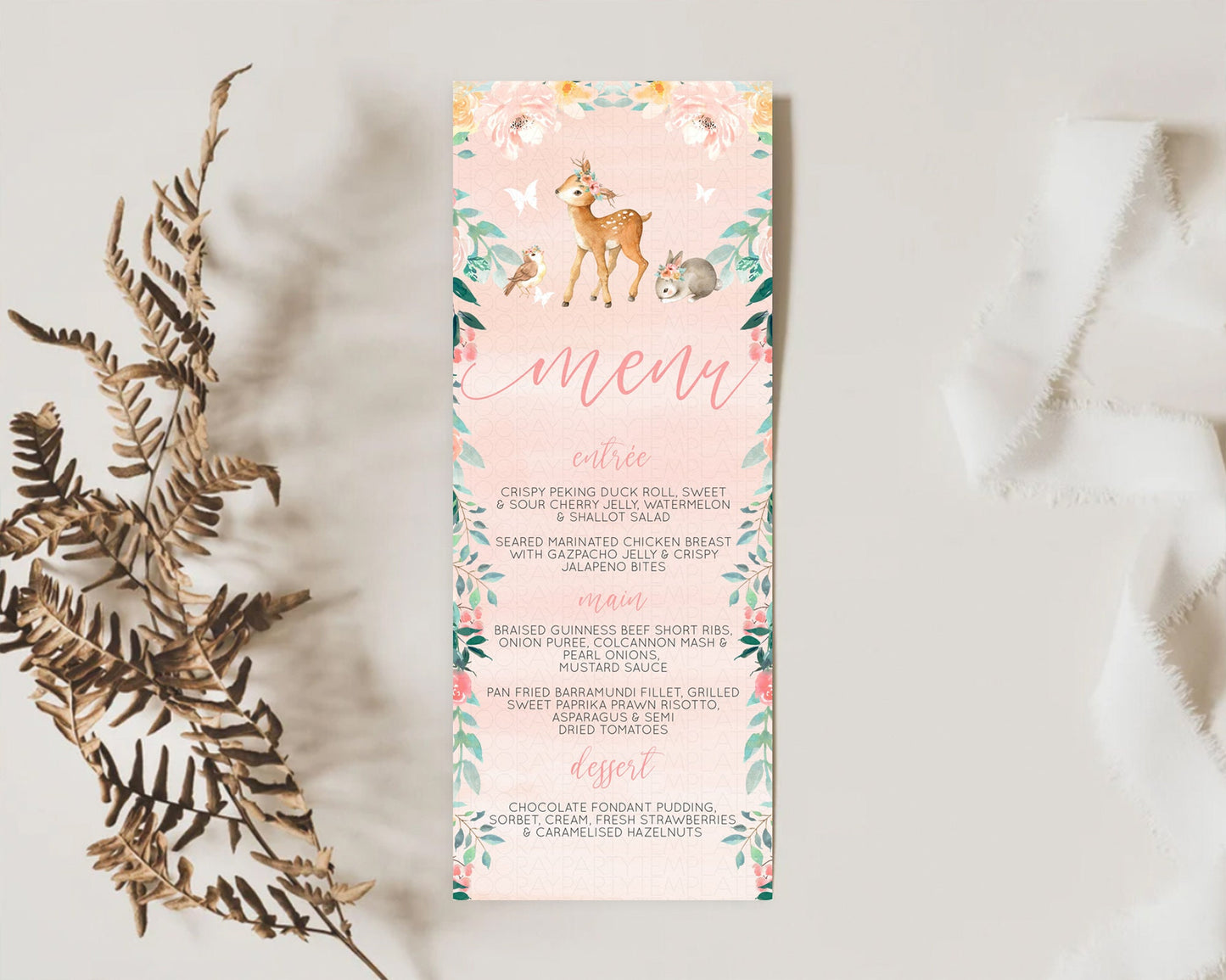 Fawn Menu Deer Menu Template Pastel Floral Deer Table Decor Enchanted Forest Butterfly Floral Dinner Dessert Menu Party Food Menu D10921