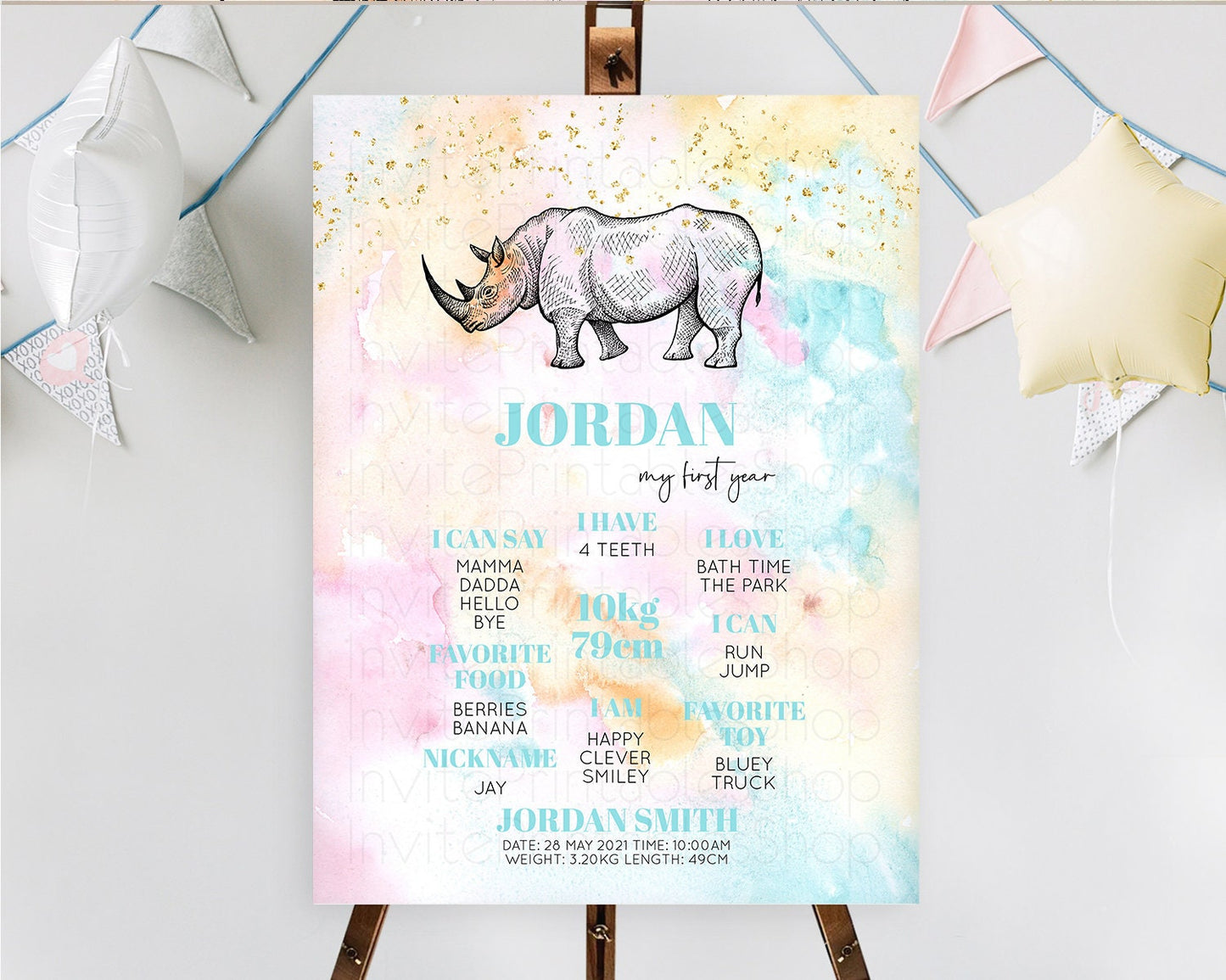 Pastel Rhino First Birthday Milestone Board Rhino Milestone Poster Colorful Rainbow Pastel Watercolor 1st Birthday Welcome Sign D10287