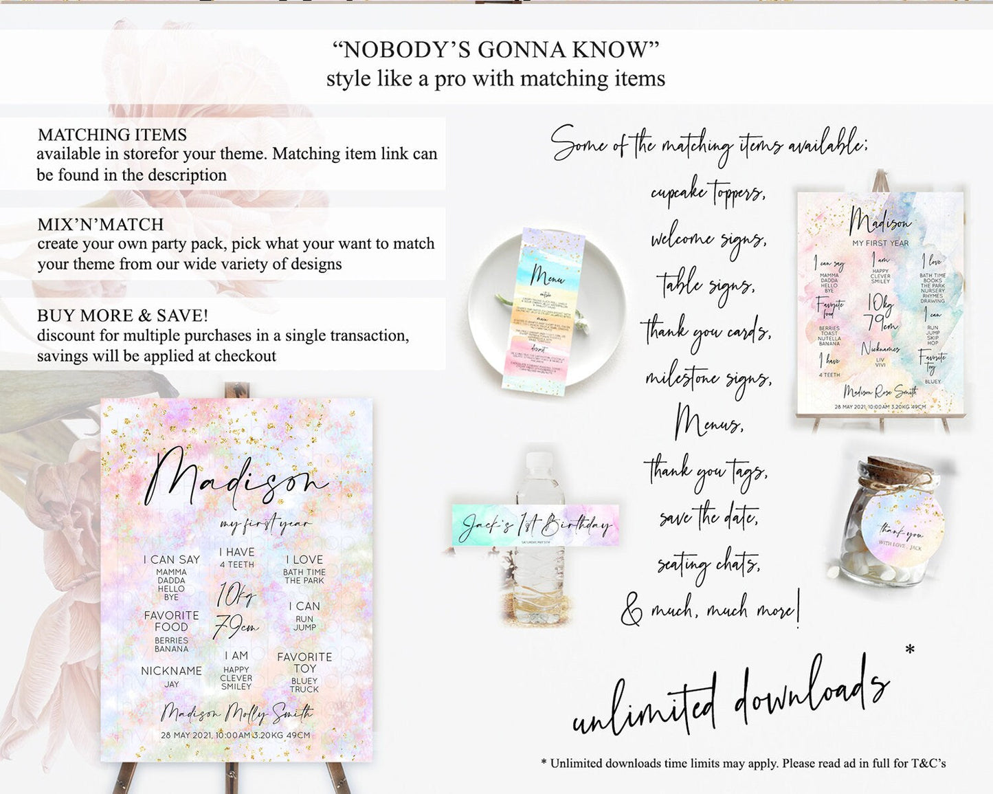 Pastel First Birthday Milestone Board Pastel Rainbow Milestone Poster Colorful Confetti Watercolor Glitter 1st Birthday Welcome Sign D10649