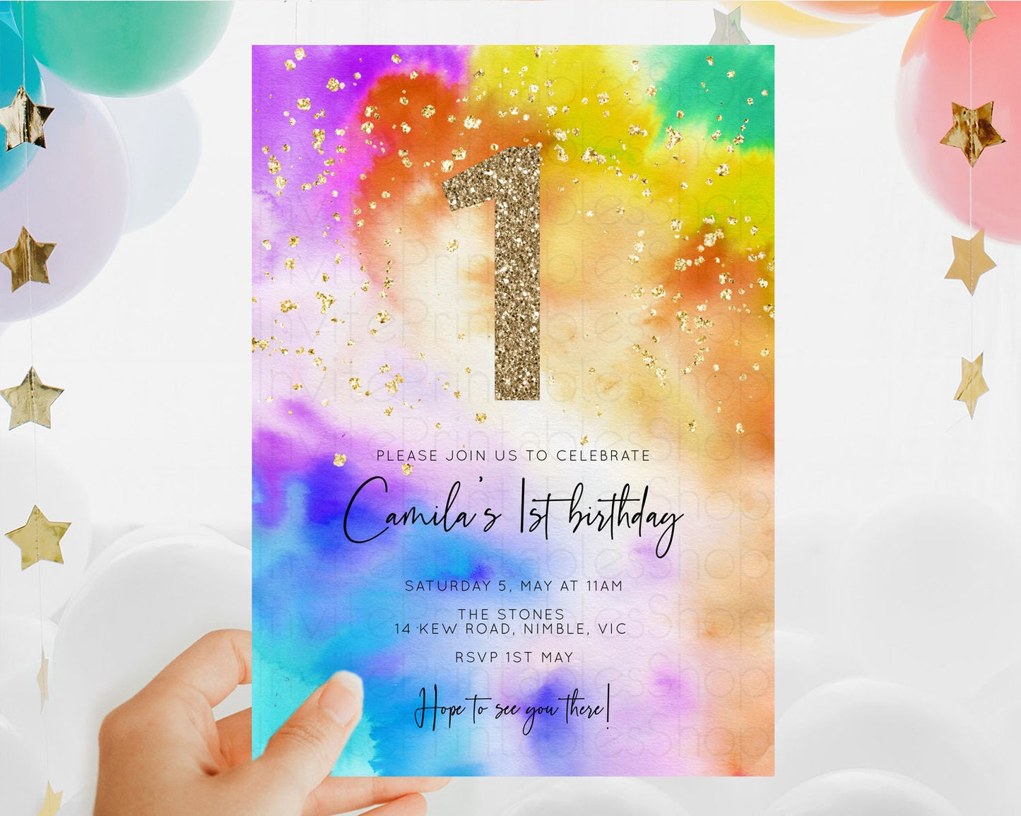 Tie Dye Invitation Rainbow Birthday Invitation Pastel Invitation Colorful Invitation Pastel Rainbow Party 3rd 2nd 1st First Birthday D10530