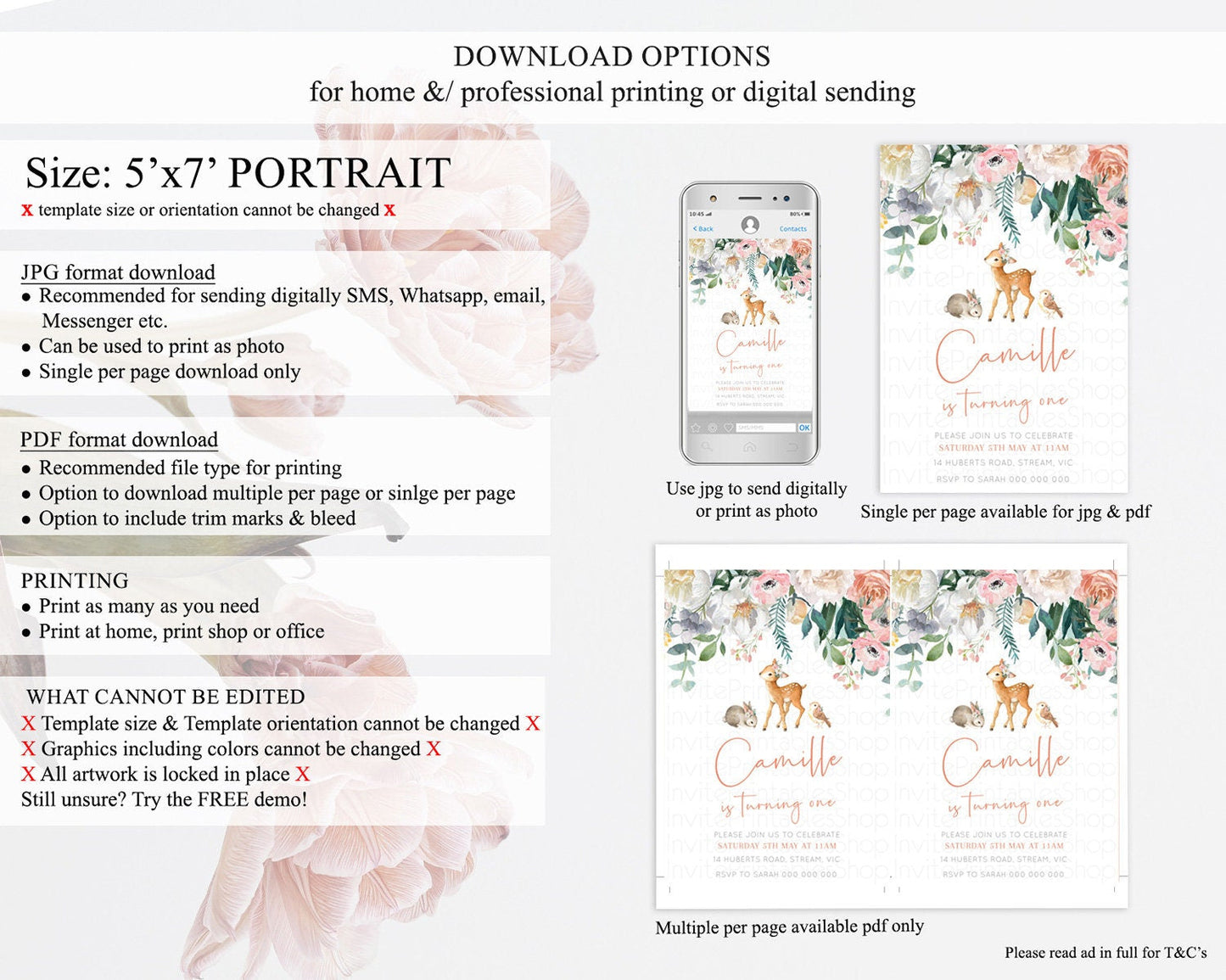 Fawn Birthday Invitation Deer Birthday Invitation Enchanted Forest Party Butterfly Pastel Flowers Whimsical 2nd 1st First Birthday D10733