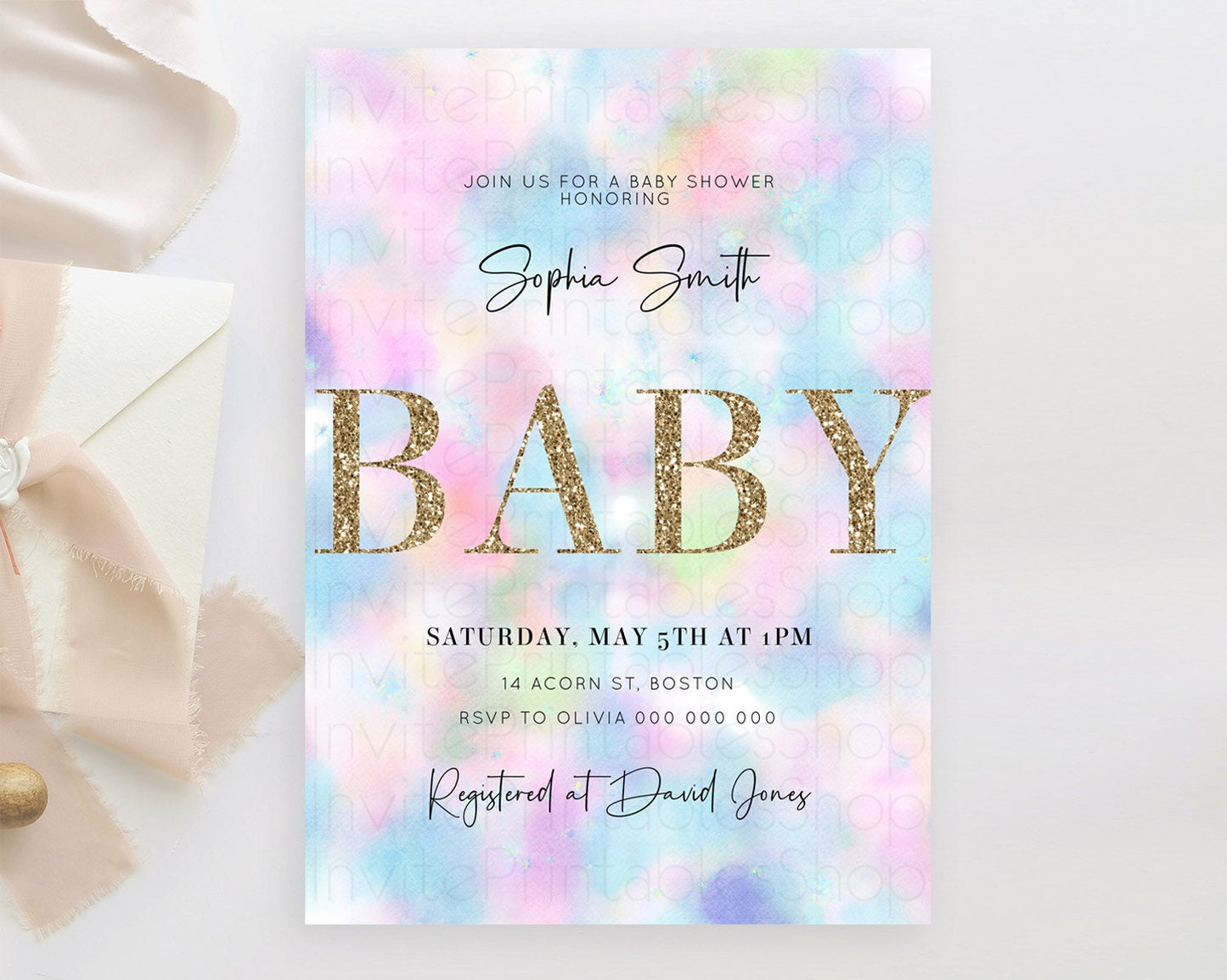 Pastel Baby Shower Invitation Rainbow Baby Shower Invitation Colorful Pastel Watercolor Invitation Gold Glitter Sprinkles Ombre D10694