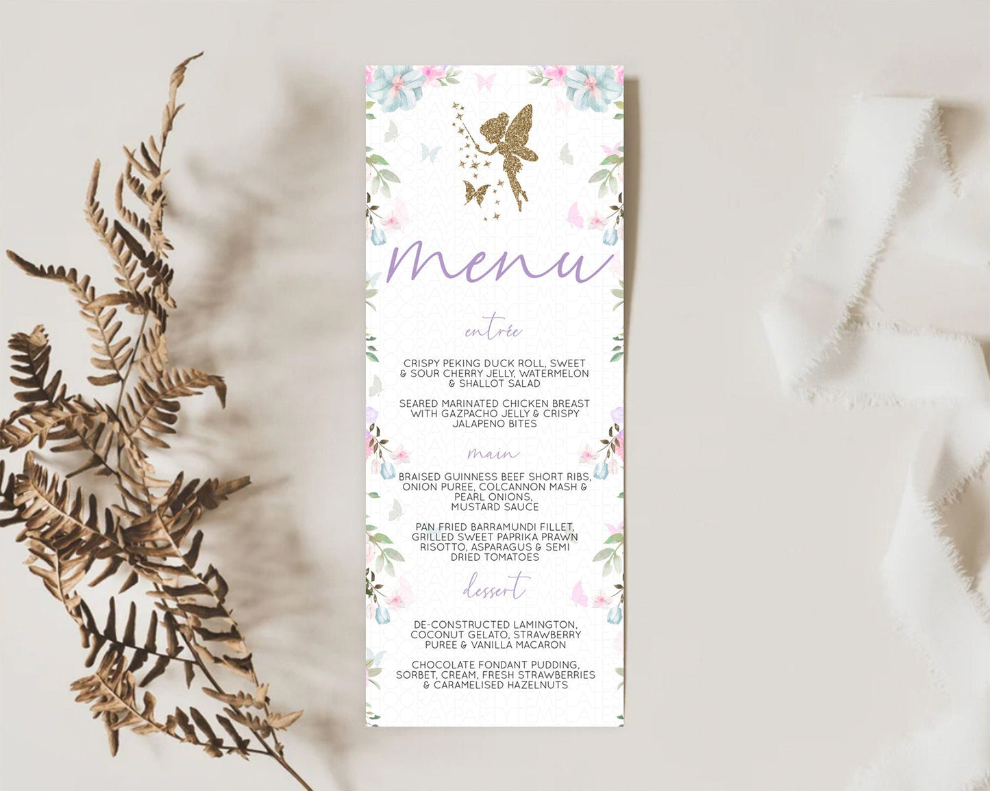 Fairy Menu Fairy Menu Template Enchanted Garden Pastel Floral Butterfly Table Decor Fairy Secret Garden Dinner Dessert Food Menu D10475