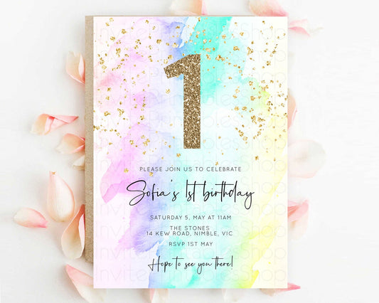 Rainbow Birthday Invitation Colorful Pastel Watercolor Invitation Gold Glitter Sprinkles Ombre Pastel 1st 2nd 3rd Birthday D10231