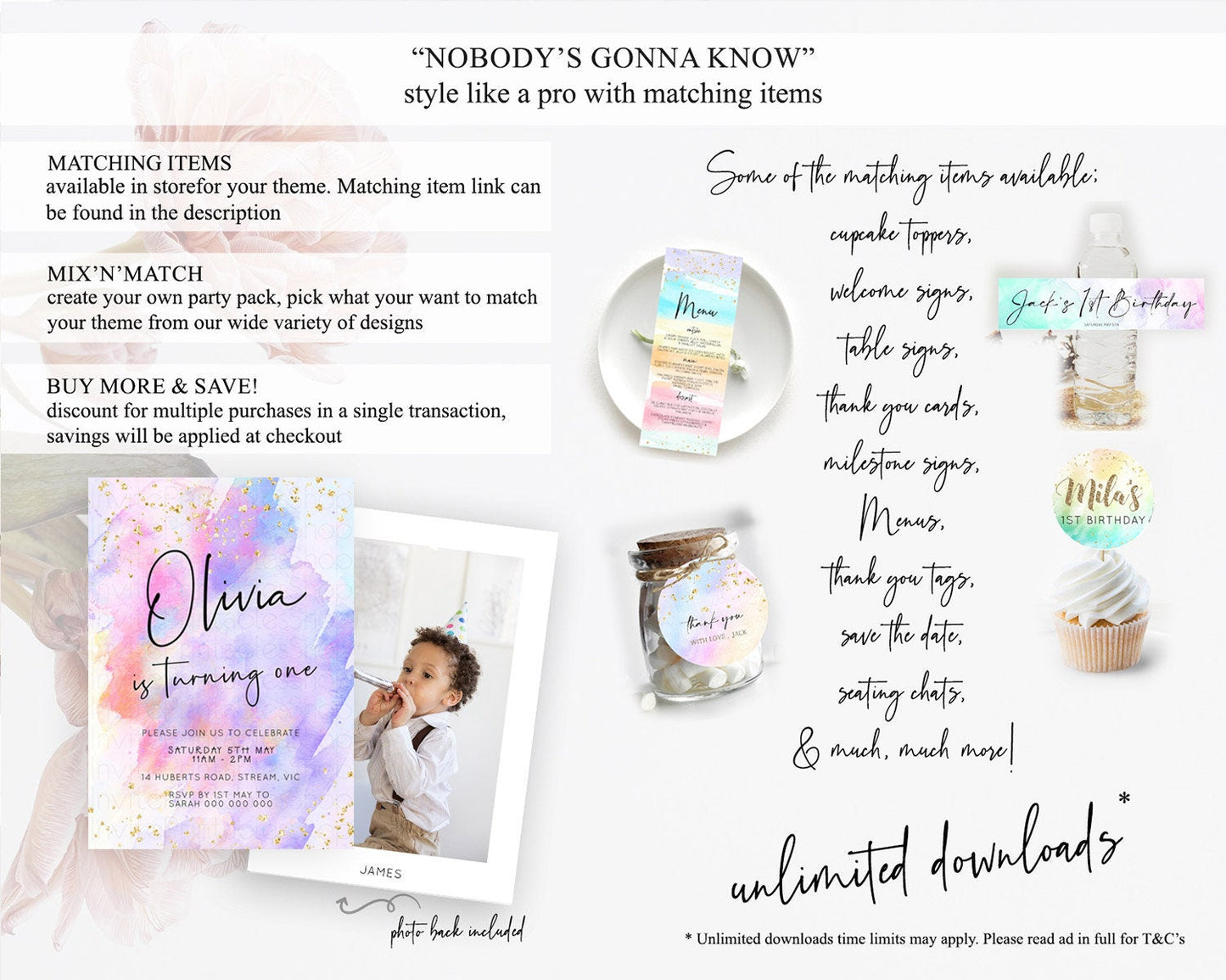 Pastel Birthday Invitation Ombre Watercolor Birthday Invitation Glitter Rainbow Color Splash 1st 2nd 3rd Birthday Invitation D23063