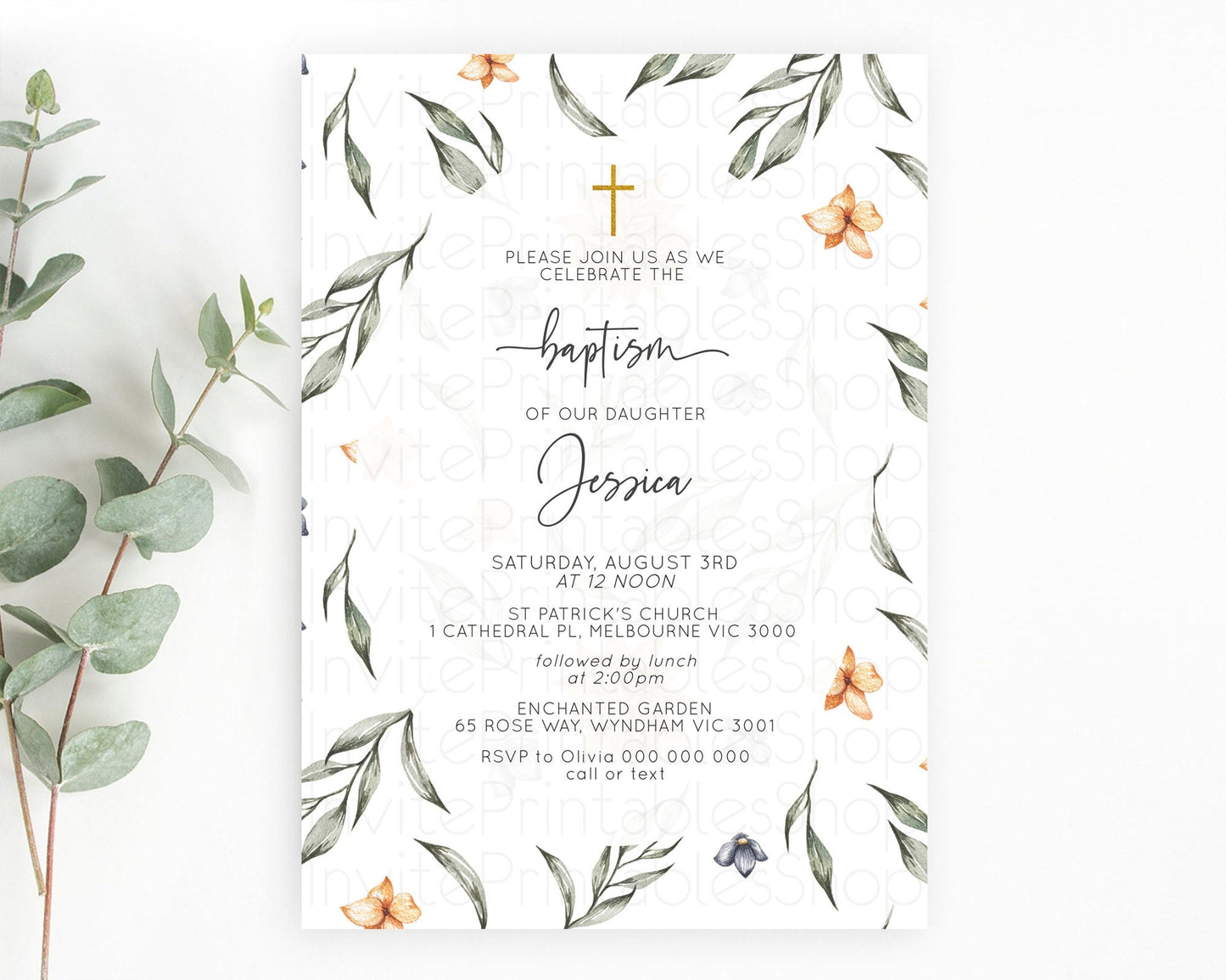 Leafy Baptism Invitation Leafy Simple Greenery Baptism 1st Birthday Invitation Eucalyptus Fern Spray Leaves Green Leaf Watercolour D10544