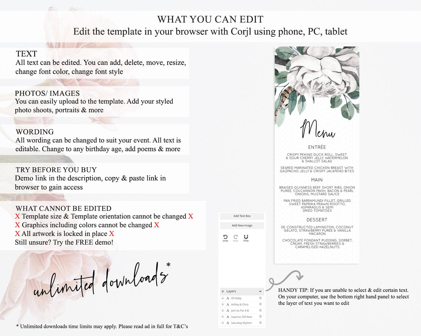 Secret Garden Menu Wildflower Menu Template Pastel Flower Garden Table Decor Boho Floral Dinner Dessert Floral Party Food Menu D11066