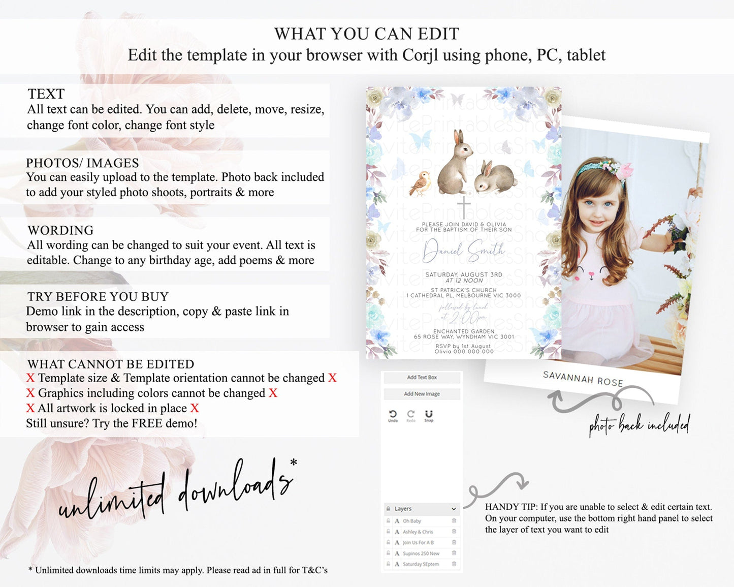 Bunny Baptism Invitation Floral Bunny Baptism 1st Birthday Invitation Pastel Bunny Christening Invite Watercolor Forest Bunny Party D10927