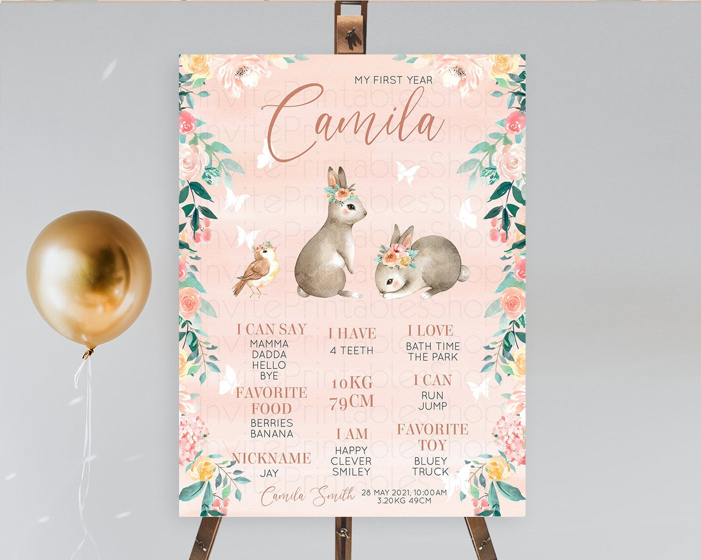 Bunny First Birthday Milestone Board Floral Bunny Milestone Poster Pastel Flowers Woodland Bunny Milestone 1st Birthday Welcome Sign D10922