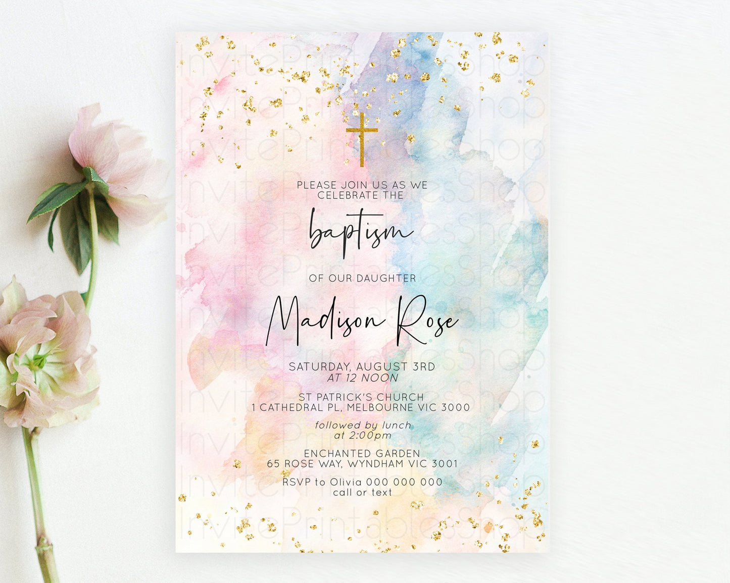 Pastel Baptism Invitation Pastel Colors Watercolor Baptism 1st Birthday Party Gold Ombre Pastel Rainbow Christening Holy Communion D10263