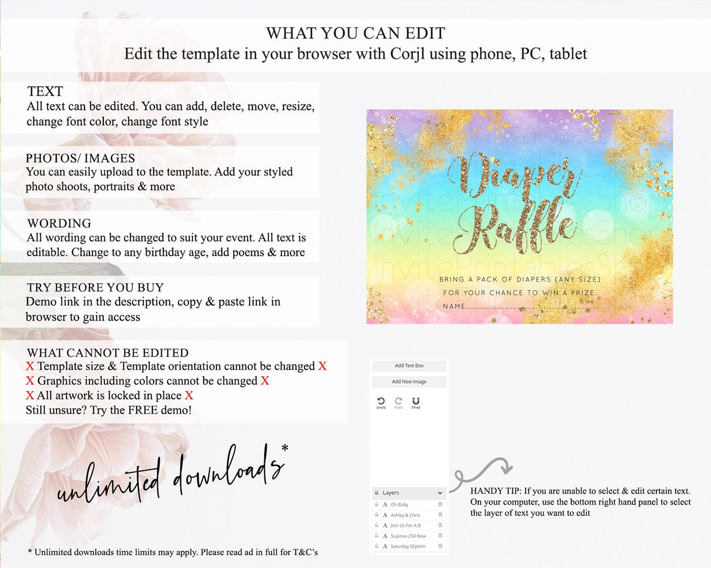 Pastel Diaper Raffle Card Pastel Rainbow Diaper Raffle Insert Colorful Ombre Watercolor Diaper Ticket Confetti Glitter Raffle Game D10561