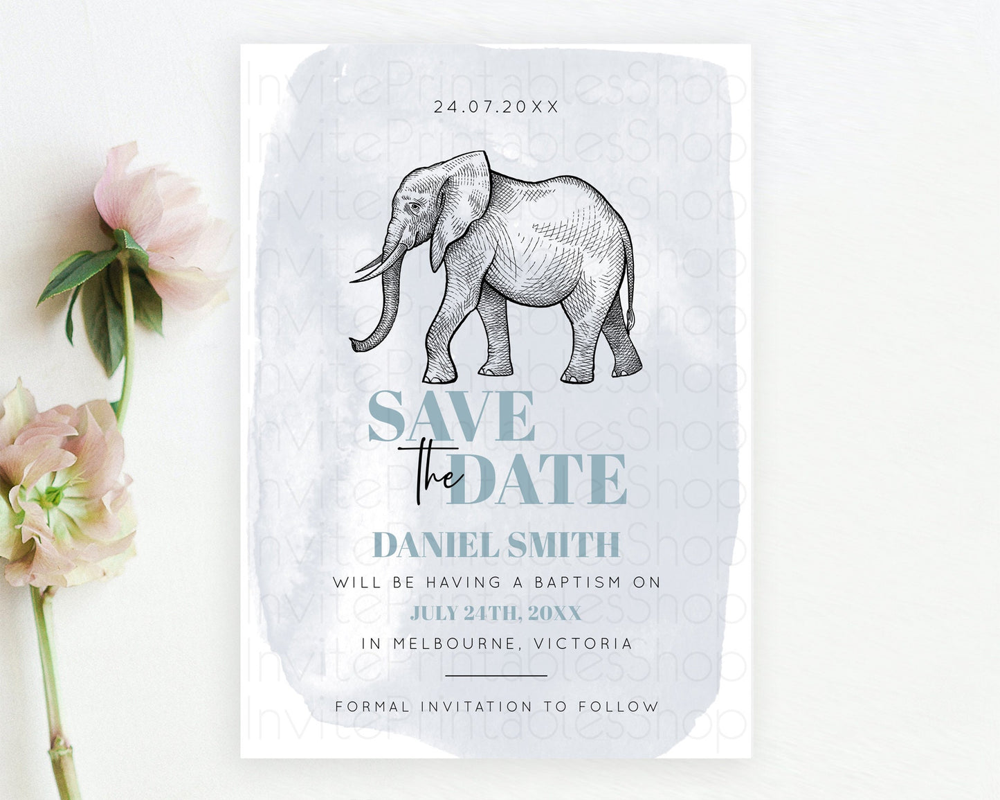 Elephant Save The Date Template Elephant Safari Adventure Party Dried Palm Fern Zoo 1st Birthday Baptism Baby Shower Bridal Shower D10811