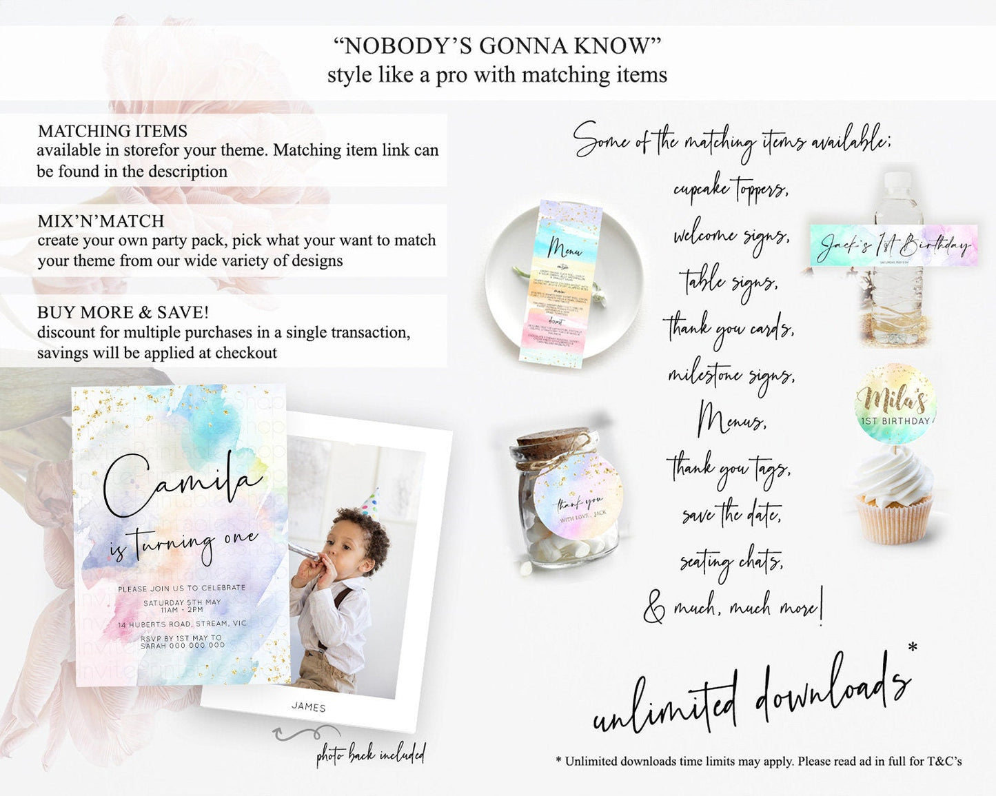 Rainbow Birthday Invitation Colorful Pastel Watercolor Invitation Gold Glitter Sprinkles Ombre Pastel 1st 2nd 3rd Birthday D10422