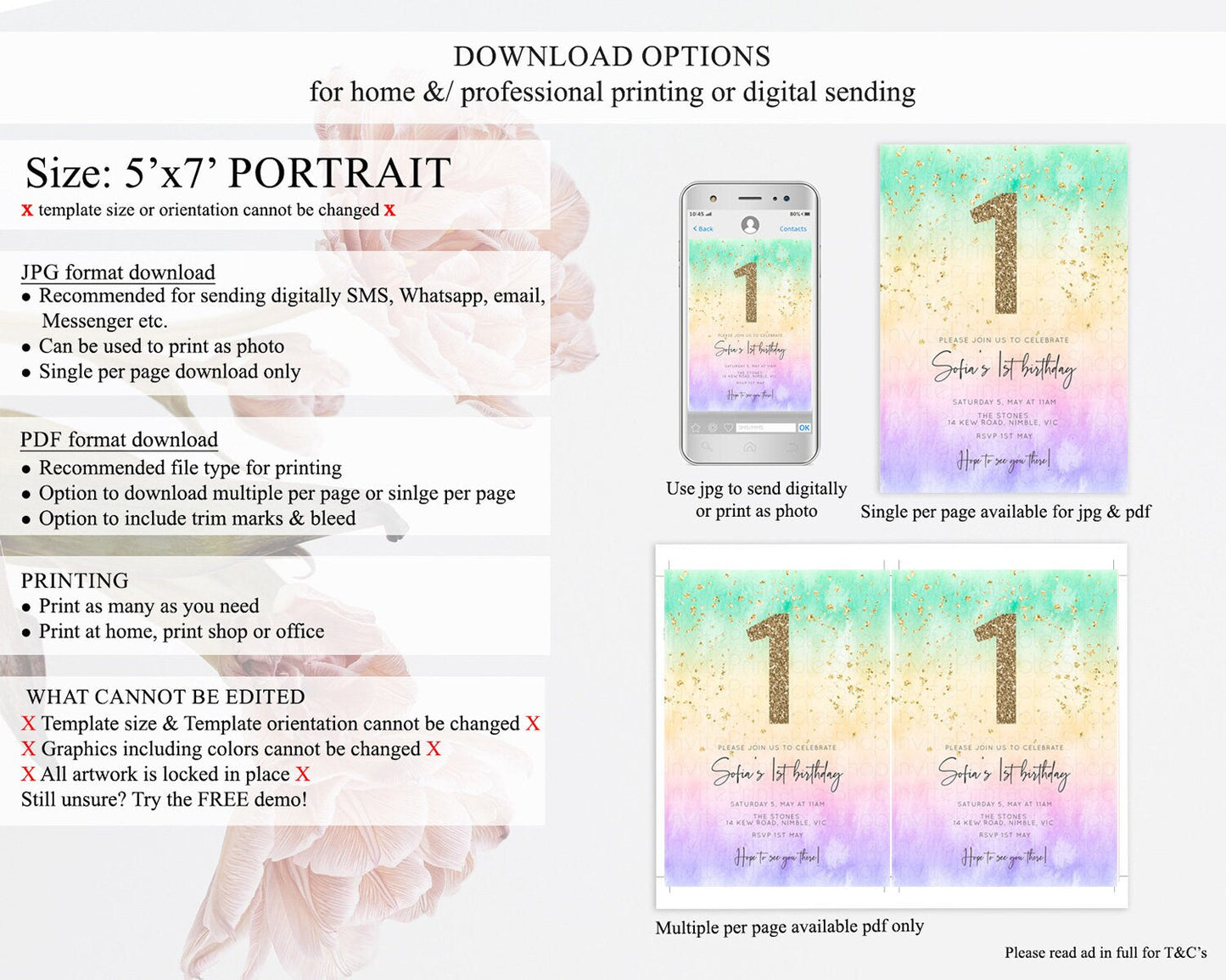 Rainbow Birthday Invitation Colorful Pastel Watercolor Invitation Gold Glitter Sprinkles Ombre Pastel 1st 2nd 3rd Birthday D10485