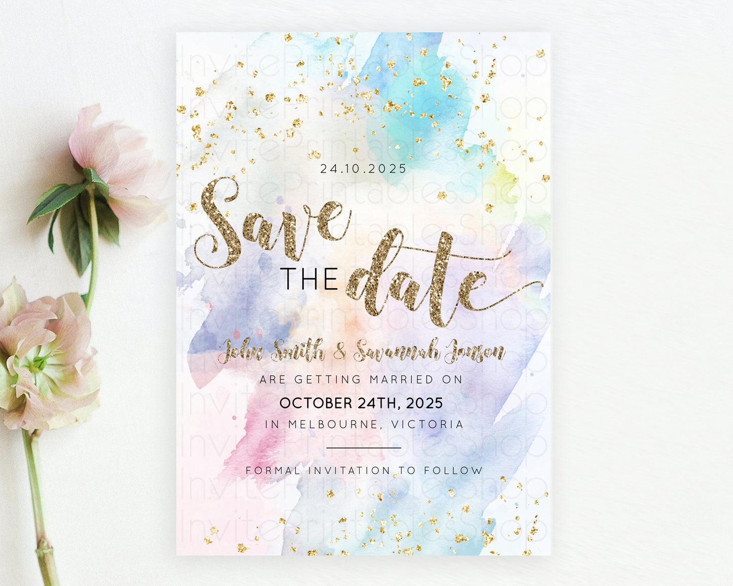 Pastel Save The Date Template Pastel Ombre Rainbow Watercolor Colorful Party For Birthday Baptism Baby Shower Wedding Bridal Shower D10421