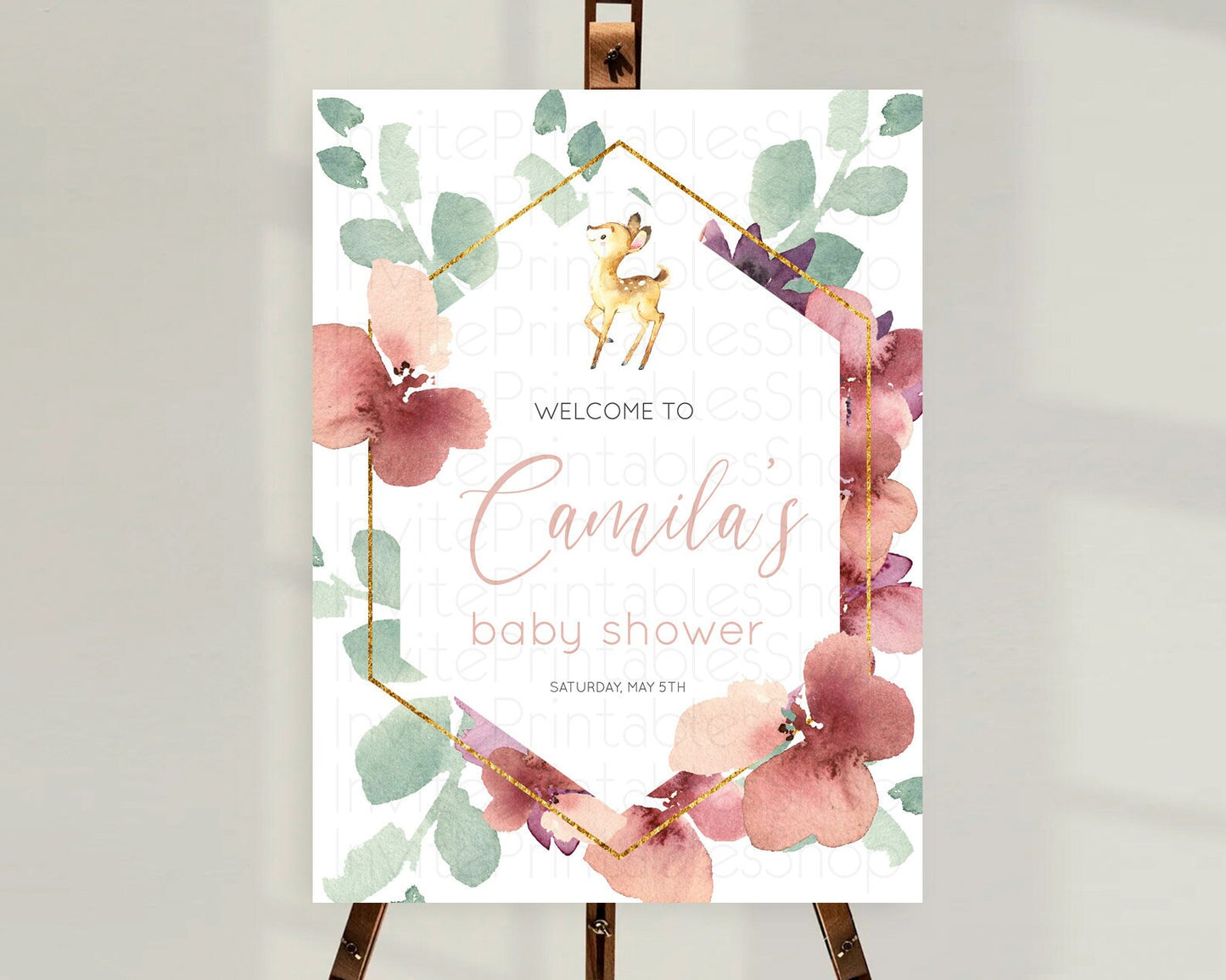 Fawn Baby Shower Welcome Sign Deer Welcome Board Floral Deer Welcome Poster Enchanted Forest Butterfly Pastel Floral Welcome Sign D10915