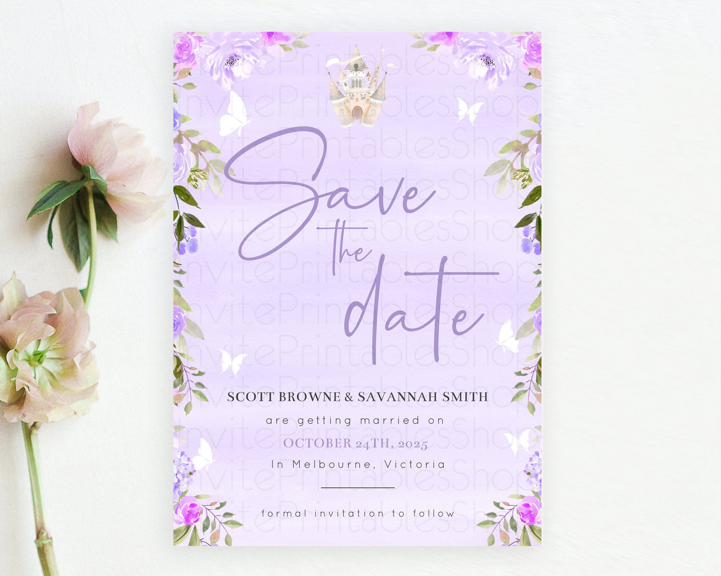 Princess Save The Date Template Secret Garden Enchanted Castle Pastel Floral Royal Party For 1st Birthday Baptism Baby Shower D10339