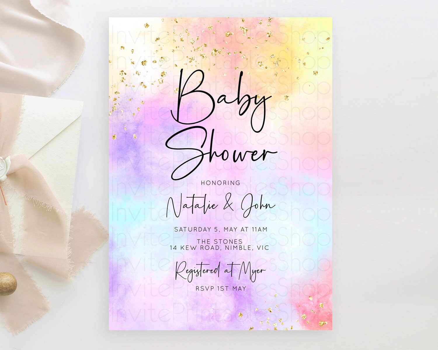 Editable Pastel Rainbow Baby Shower Invitation, Watercolor Splash, Confetti