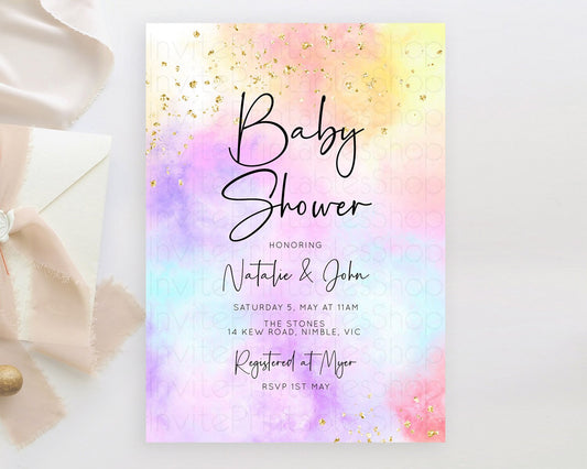 Editable Pastel Rainbow Baby Shower Invitation, Watercolor Splash, Confetti