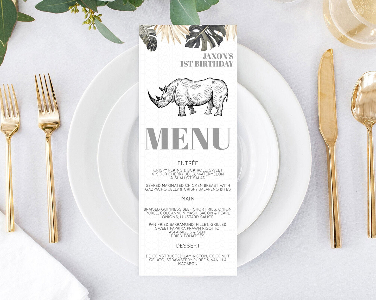 Rhino Menu Rhino Menu Template Rhino Party Table Decor Safari Adventure Decor Rhino Dinner Dessert Menu Rhino Party Food Menu D10826