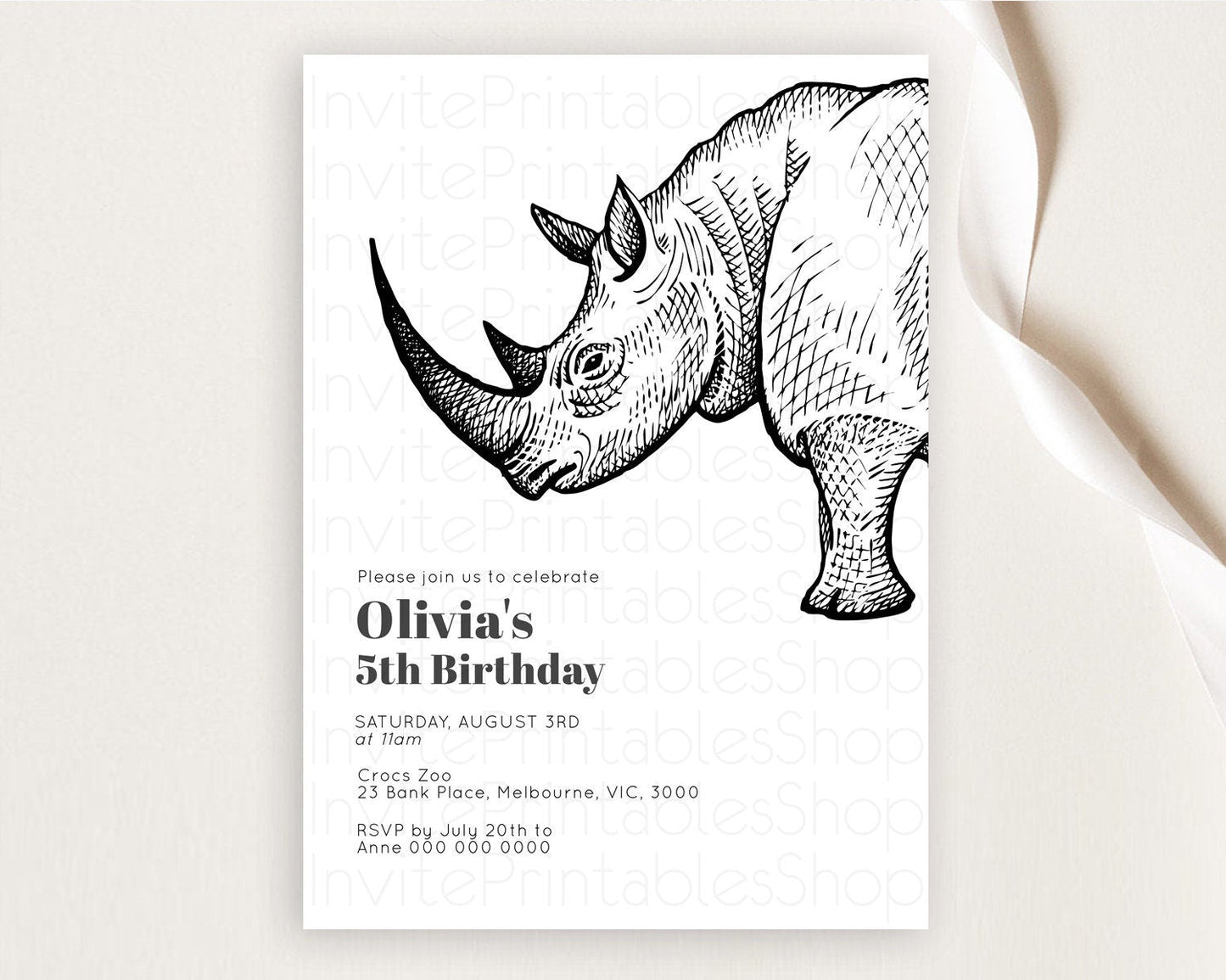 Rhino Birthday Invitation Rhino Invitation Rhino Birthday Rhino Safari Adventure Invite Rhino Palm Leaf Invite Zoo Party D10253