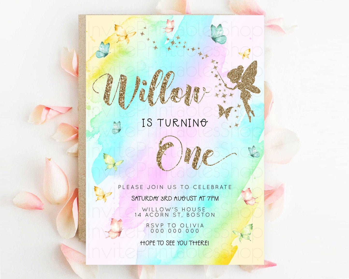 Pastel Fairy Birthday Invitation Pastel Butterflies Fairy Birthday Invitation Rainbow Ombre Watercolor 1st 2nd Birthday Invitation D23332