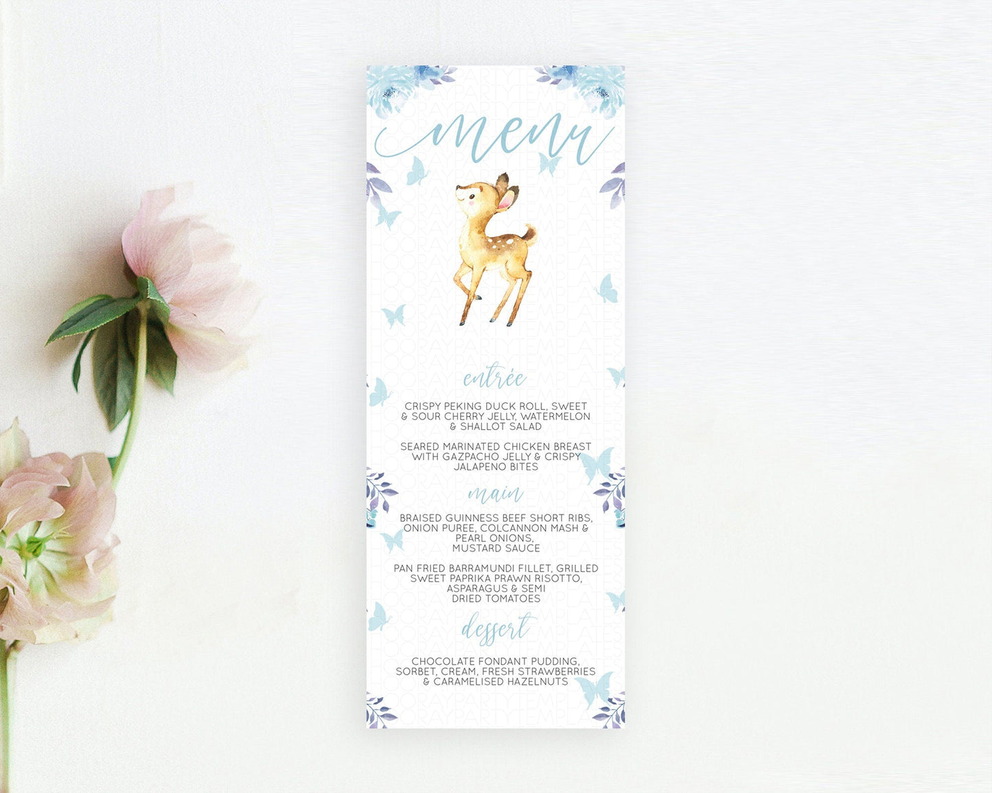 Fawn Menu Deer Menu Template Pastel Floral Deer Table Decor Enchanted Forest Butterfly Floral Dinner Dessert Menu Party Food Menu D10917