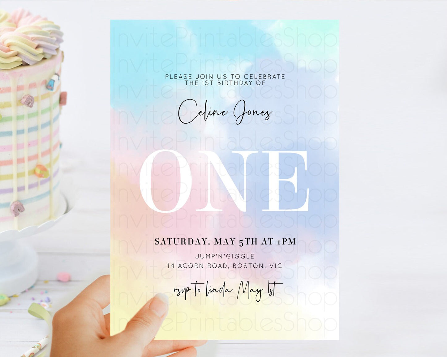 Rainbow Birthday Invitation Colorful Pastel Watercolor Invitation Gold Glitter Sprinkles Ombre Pastel 1st 2nd 3rd Birthday D10373