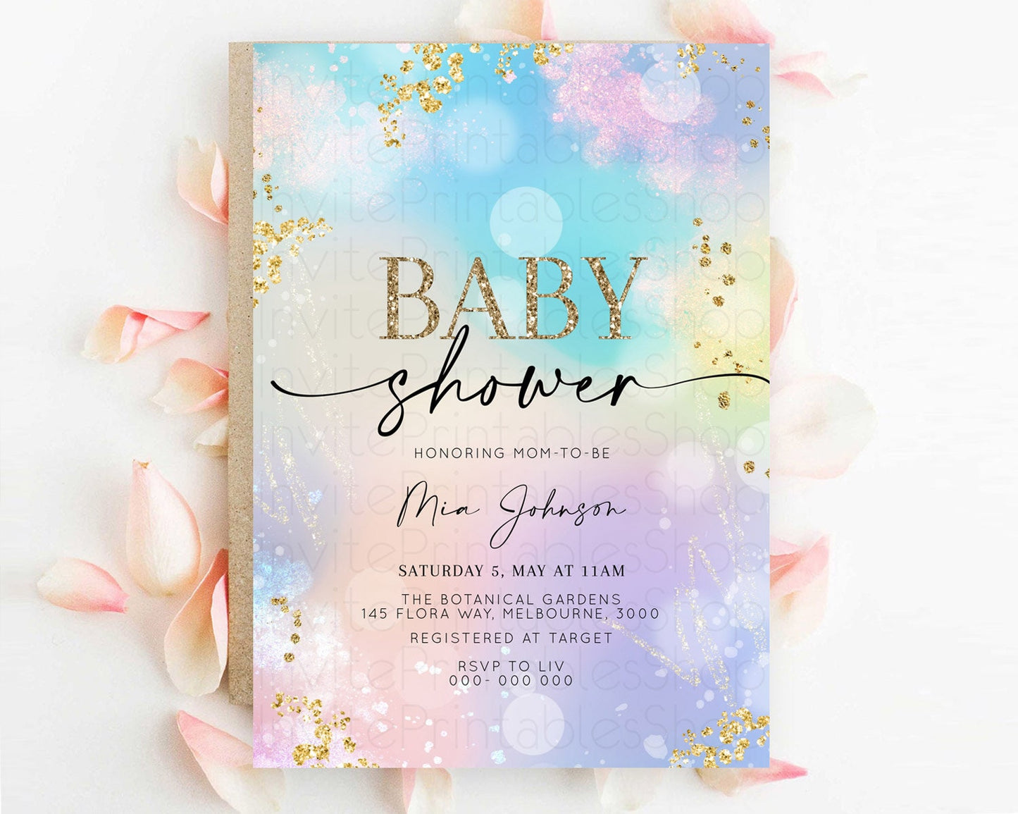 Pastel Rainbow Baby Shower Invitation, Pastel Watercolor with Iridescent Confetti Glitter Sprinkles - Colorful Blue, Purple, Yellow D10675