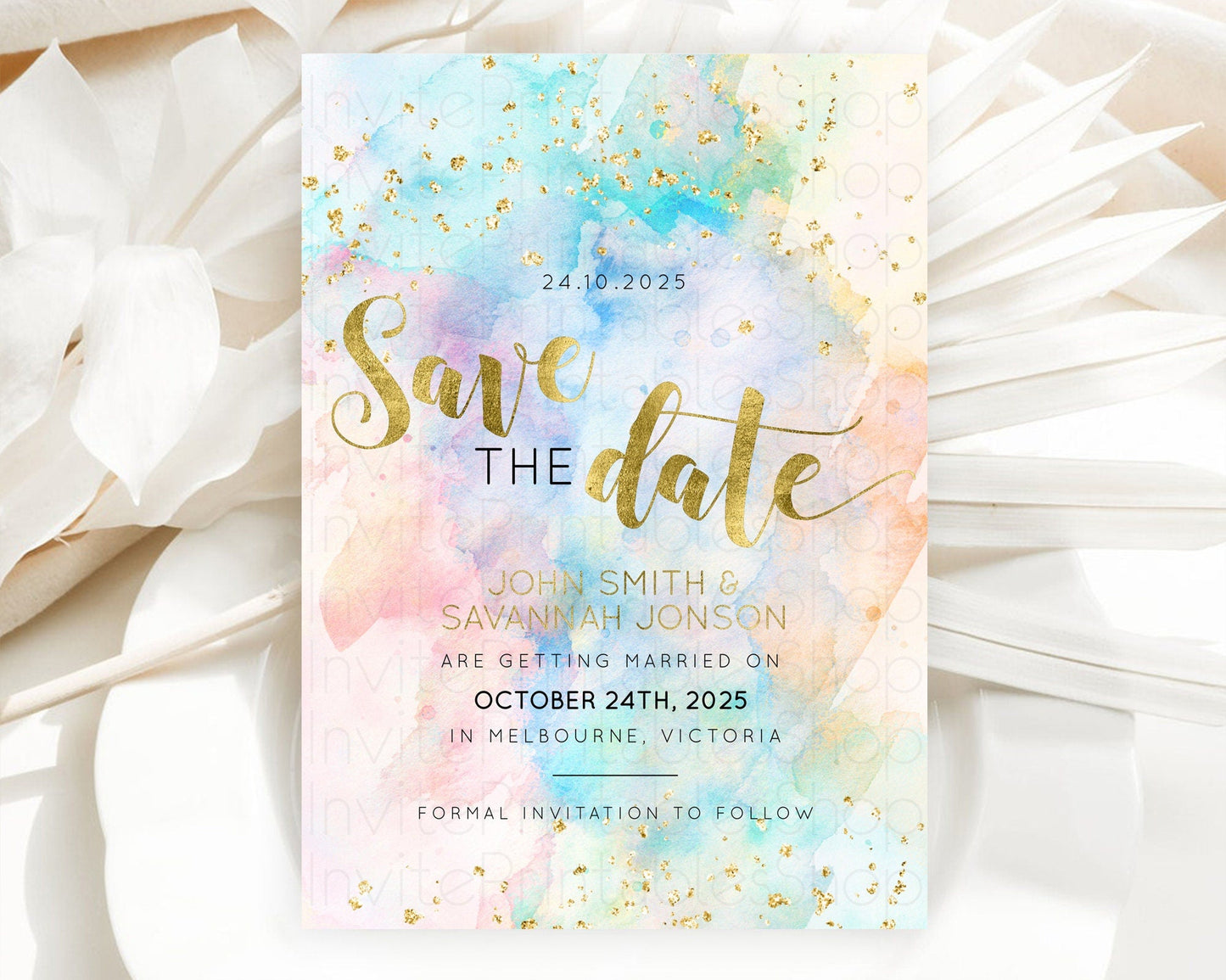 Pastel Save The Date Template Pastel Ombre Rainbow Watercolor Colorful Party For Birthday Baptism Baby Shower Wedding Bridal Shower D10272