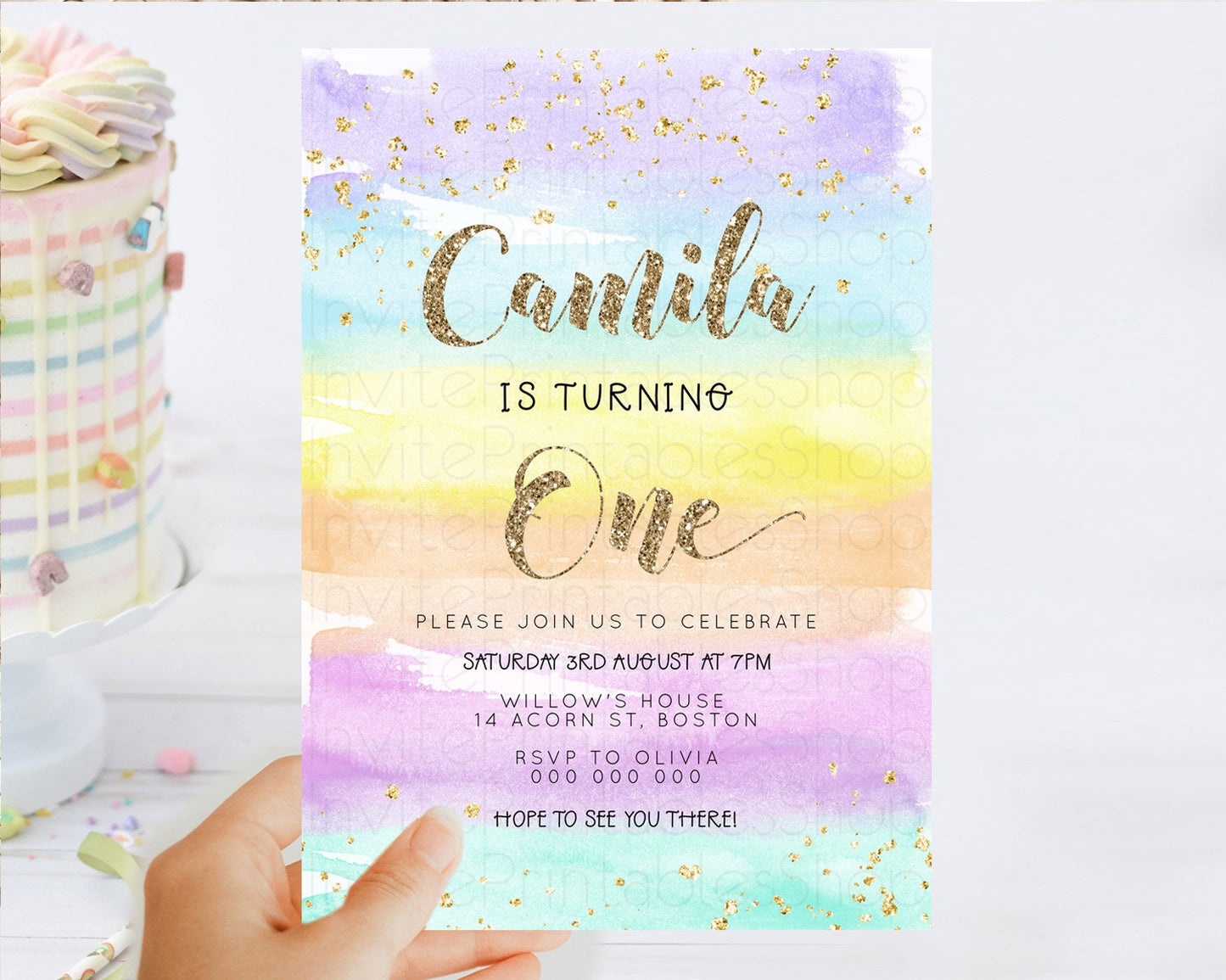 Rainbow Birthday Invitation Colorful Pastel Watercolor Invitation Gold Glitter Sprinkles Ombre Pastel 1st 2nd 3rd Birthday D23268