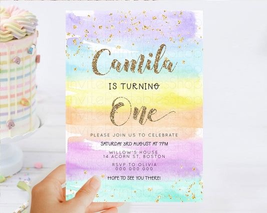 Rainbow Birthday Invitation Colorful Pastel Watercolor Invitation Gold Glitter Sprinkles Ombre Pastel 1st 2nd 3rd Birthday D23268