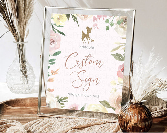 Editable Fawn Deer Sign Pastel Floral Deer Table Sign Decor Enchanted Forest