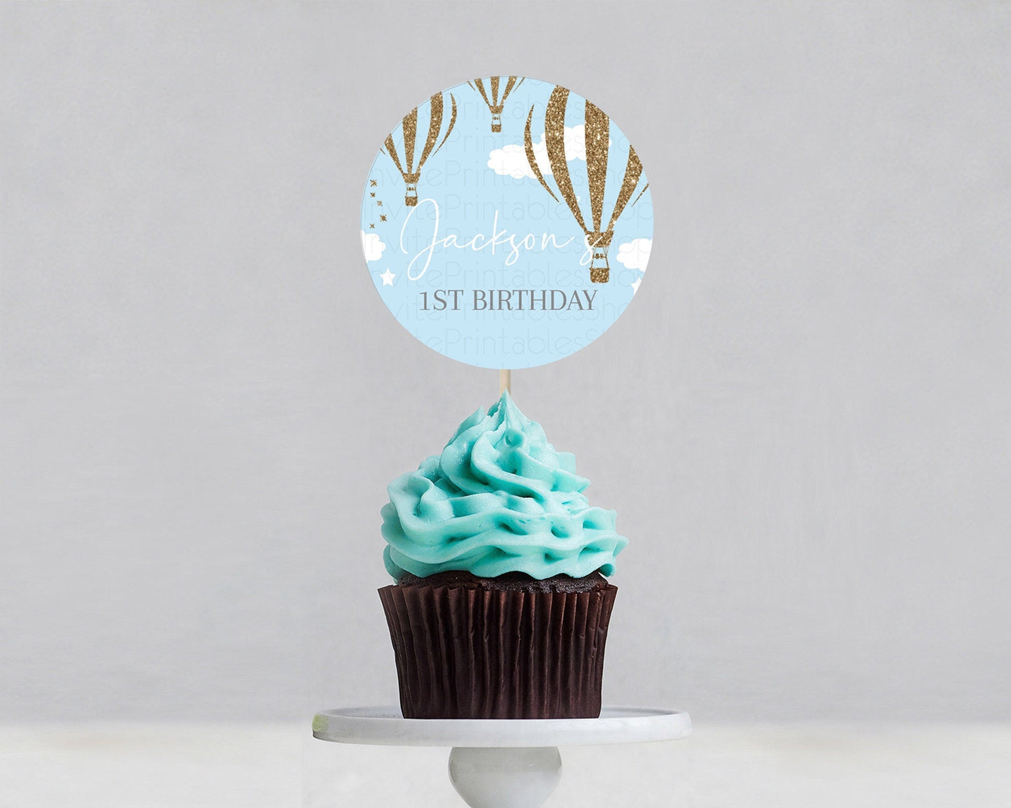 Hot Air Balloon Cupcake Toppers Adventure Awaits Up & Away Glitter Blue Watercolor Cupcake Topper Hot Air Balloon Party Decor D10332