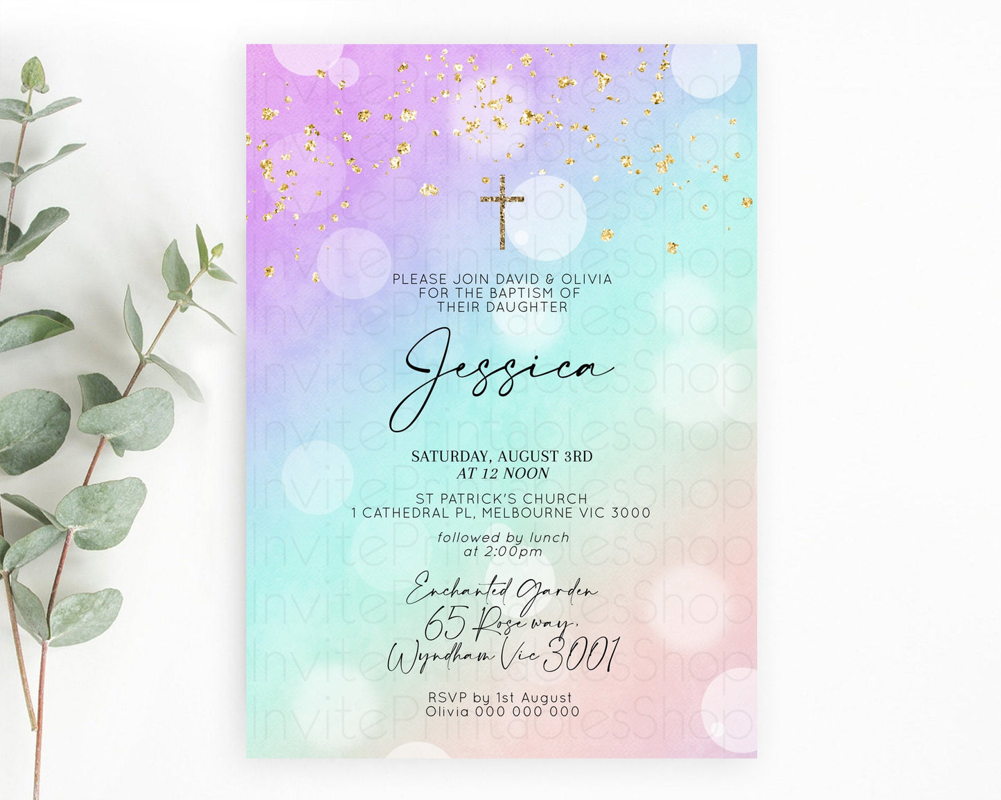 Pastel Baptism Invitation Pastel Colors Watercolor Baptism 1st Birthday Party Gold Ombre Pastel Rainbow Christening Holy Communion D10618