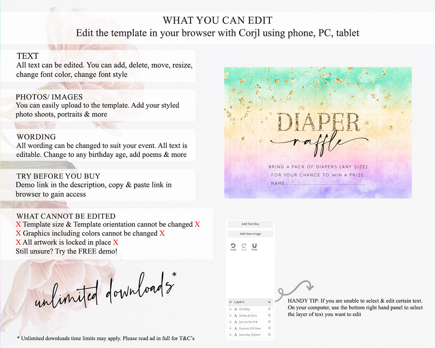 Pastel Diaper Raffle Card Pastel Rainbow Diaper Raffle Insert Colorful Ombre Watercolor Diaper Ticket Confetti Glitter Raffle Game D10481