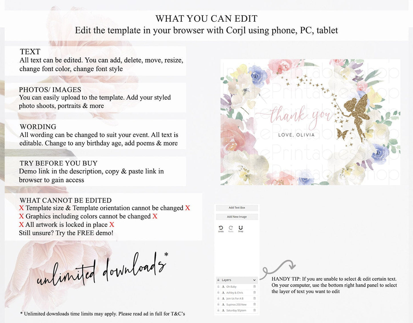 Fairy Thank You Fairy Thank You Card Enchanted Garden Pastel Butterfly Birthday Thank You Floral Secret Garden Teacher Thank You D10852