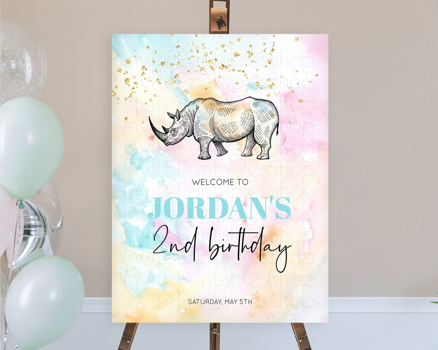 Pastel Rhino Welcome Sign Rainbow Rhino Welcome Board Colorful Rainbow Pastel Confetti Watercolor First Birthday Welcome Sign D10287