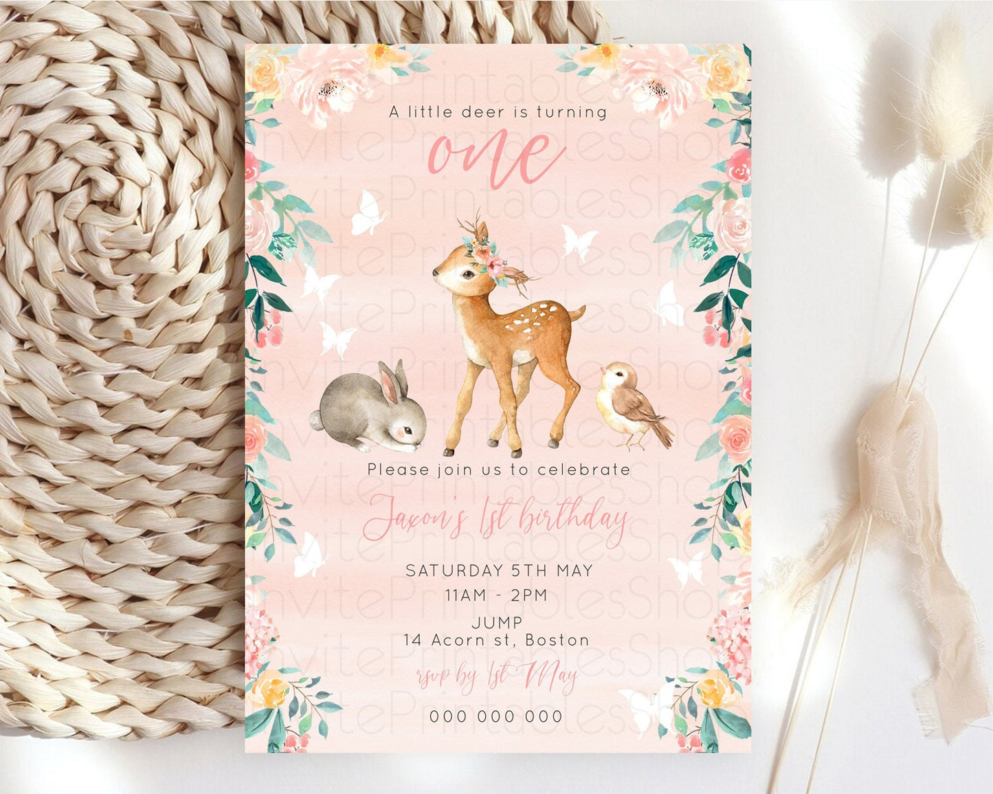 Fawn Birthday Invitation Deer Birthday Invitation Enchanted Forest Party Butterfly Pastel Flowers Whimsical 2nd 1st First Birthday D10921