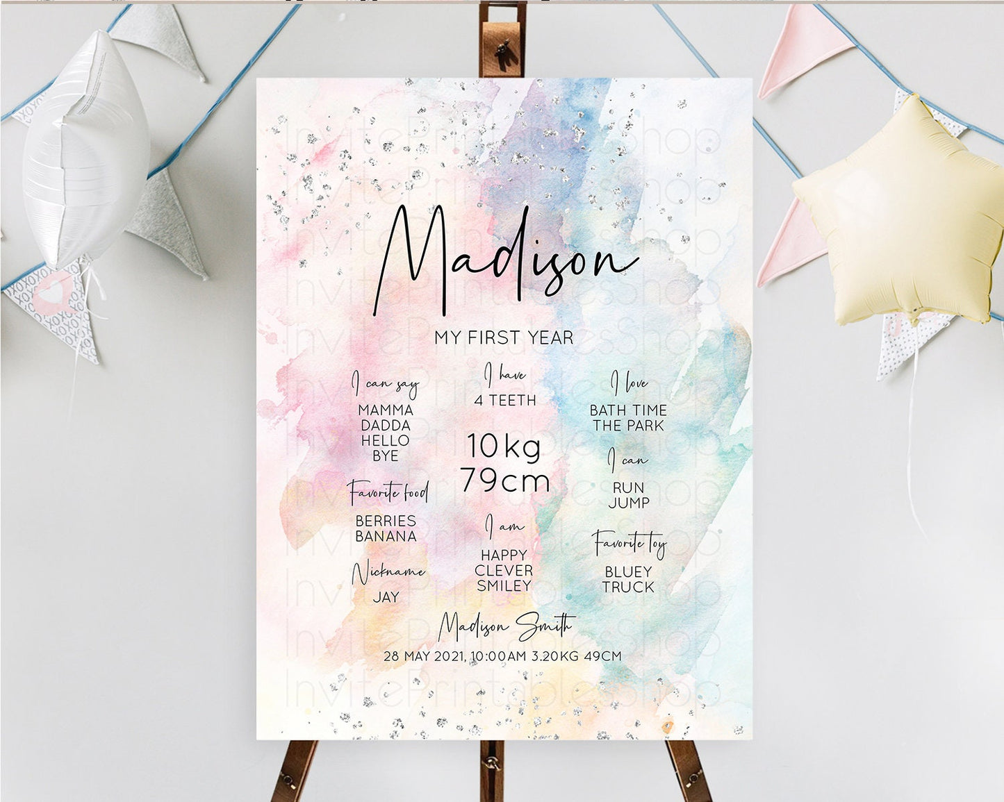 Pastel Rainbow First Birthday Milestone Board Pastel Milestone Poster Colorful Confetti Watercolor Silver 1st Birthday Welcome Sign D10945