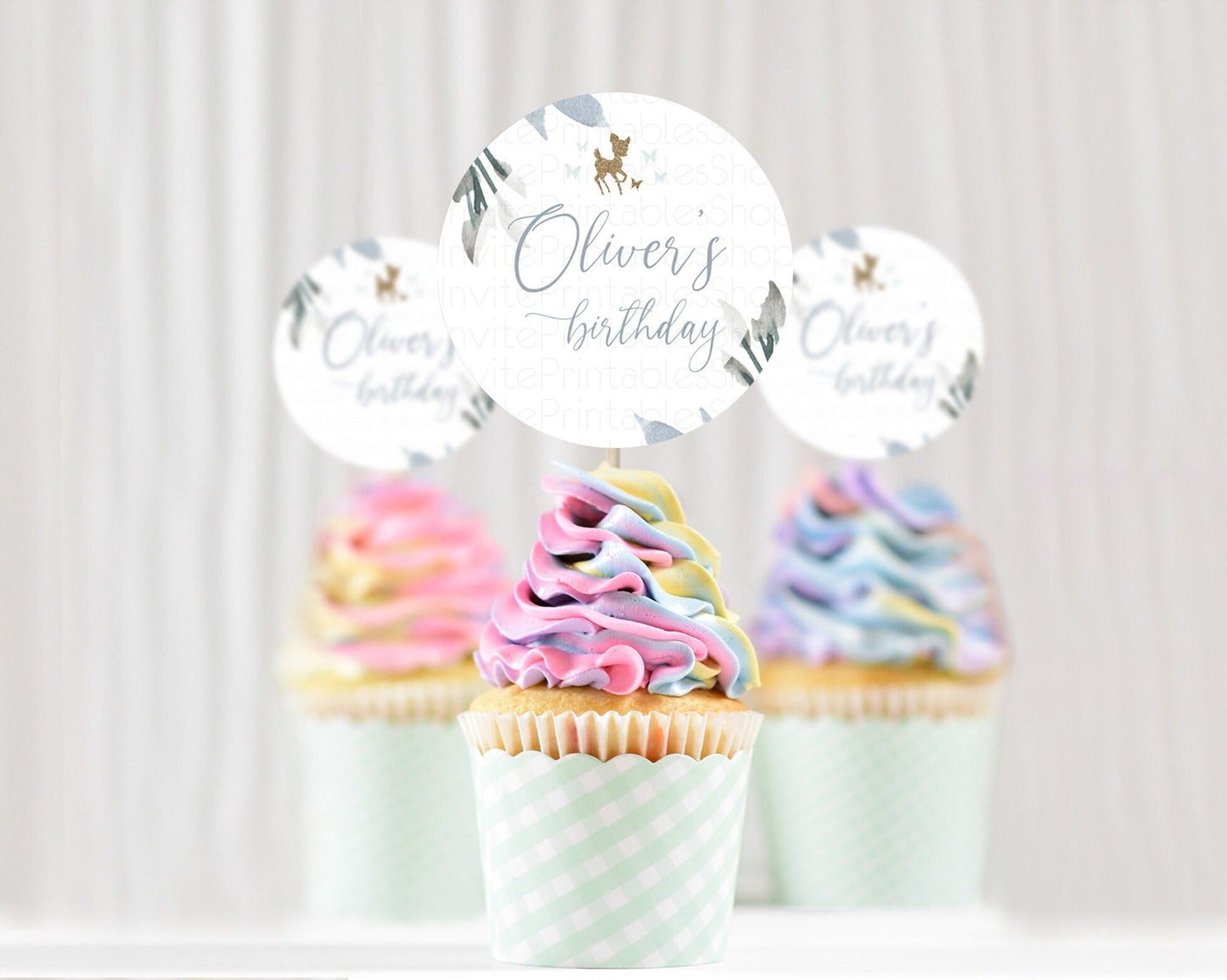 Fawn Cupcake Toppers Deer Cupcake Toppers Enchanted Forest Party Butterfly Pastel Flowers Woofland Cupcake Toppers First Birthday D10534