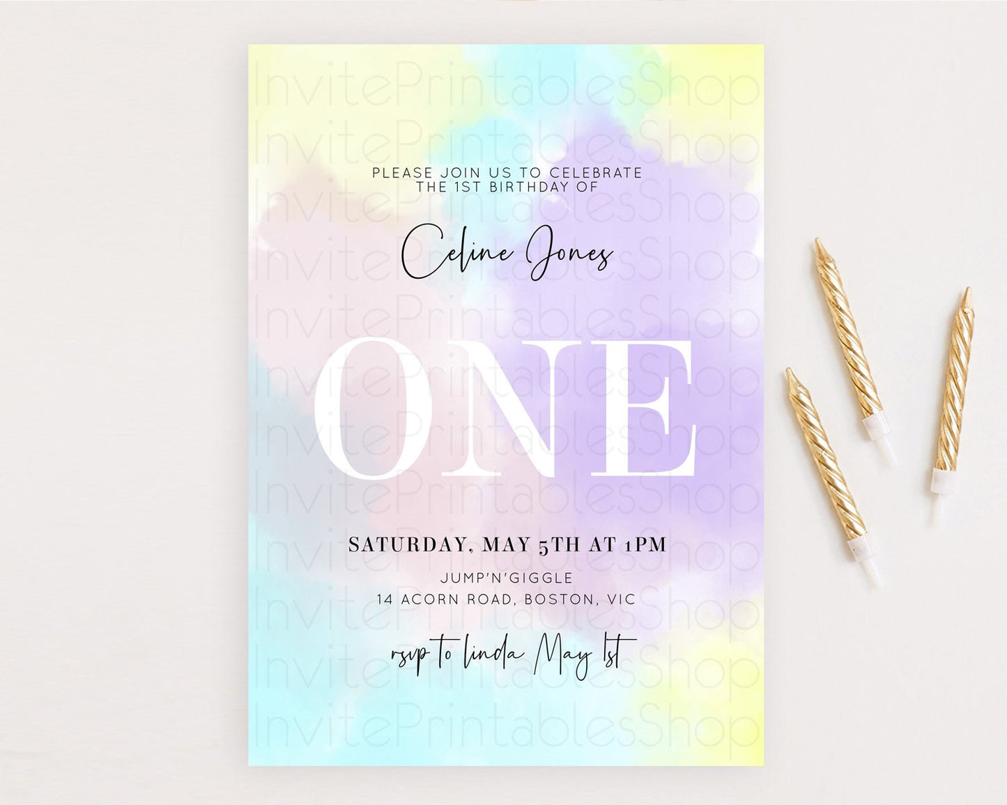 Rainbow Birthday Invitation Colorful Pastel Watercolor Invitation Gold Glitter Sprinkles Ombre Pastel 1st 2nd 3rd Birthday D10617