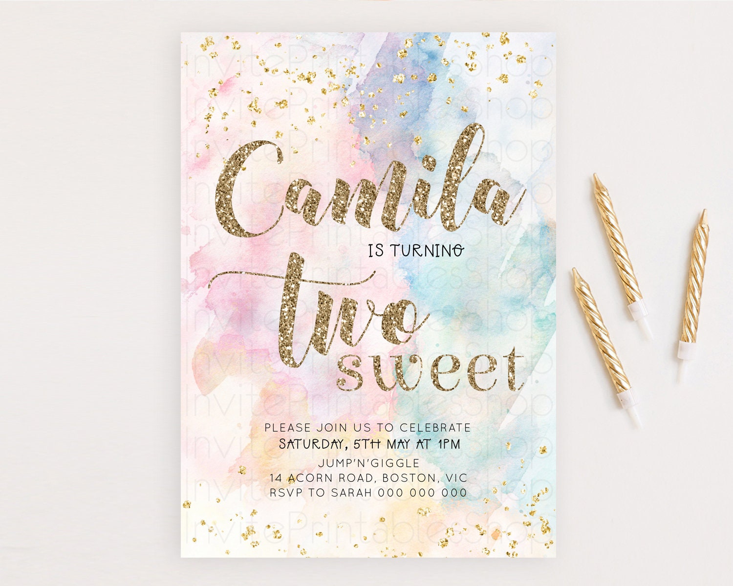 Editable Rainbow Birthday Invitation Glitter Pastel Invitation Colorful Wate