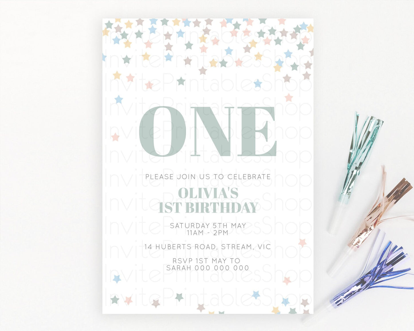 Star Birthday Invitation Pastel Stars Invite Shooting Star Party Rainbow Colorful Confetti Twinkle Little Star 2nd First Birthday D10795