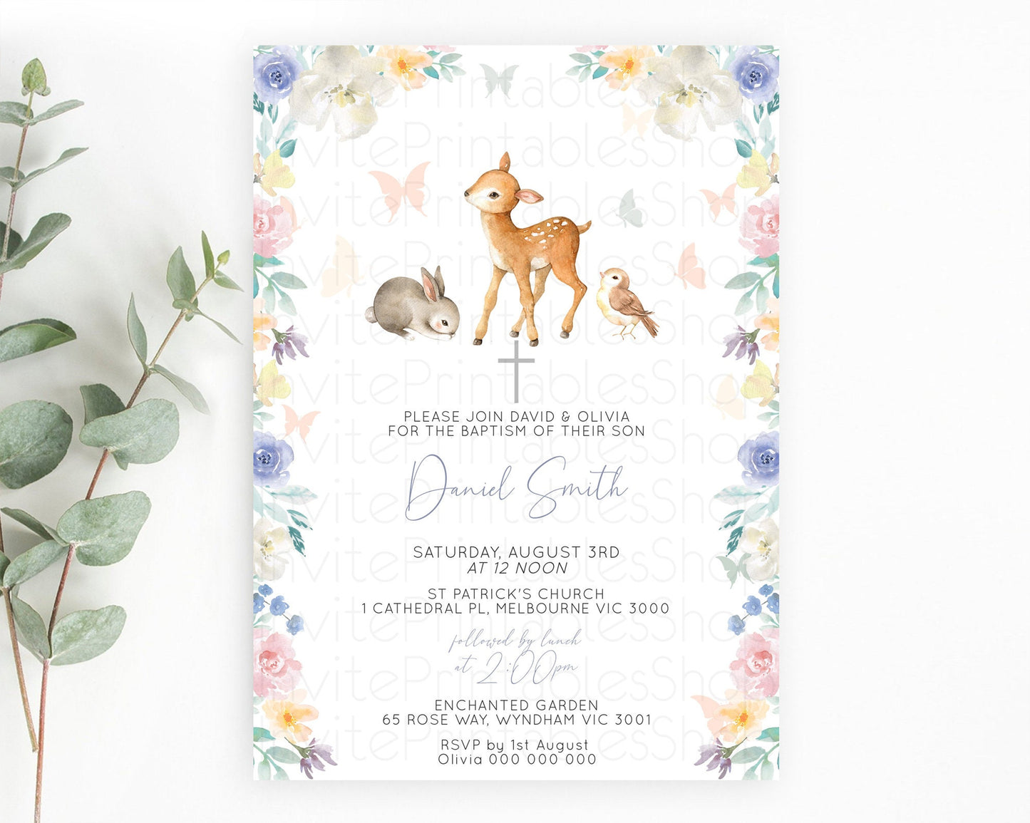 Fawn Baptism Invitation Deer Baptism 1st Birthday Invitation Enchanted Forest Christening Invitation Pastel Garden Butterfly Floral D10930